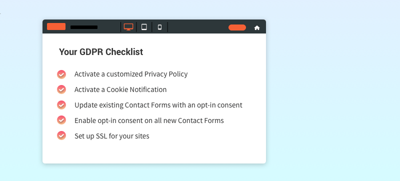 A browser window shows a “Your GDPR Checklist” with five red alert items on a white card.