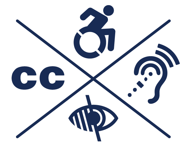 Accessibility icons for wheelchair access, closed captions, hearing assistance, and visual impairment