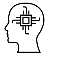 Black outline of a head with a microchip in the brain area, symbolizing artificial intelligence.