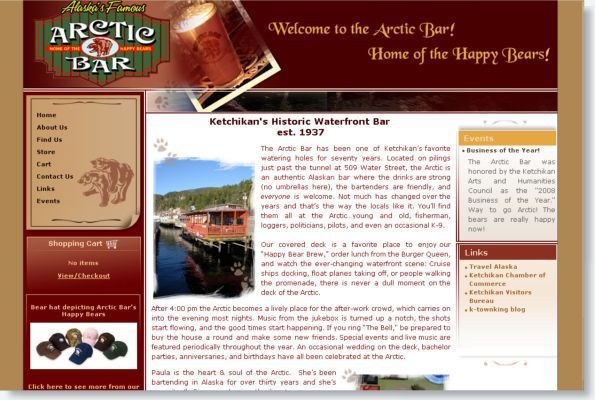 Screenshot of the Arctic Bar website with burgundy layout, logo, navigation sidebar, and news article page