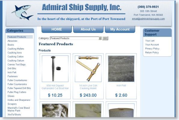 Admiral Ship Supply website homepage with product listings and blue navigation menu