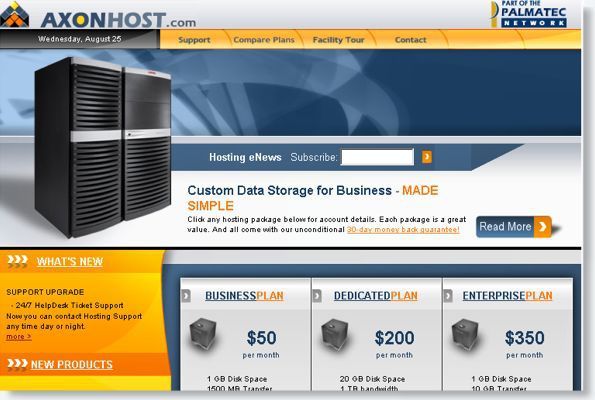 AxonHost web hosting homepage with server tower, blue header, and hosting plan pricing boxes