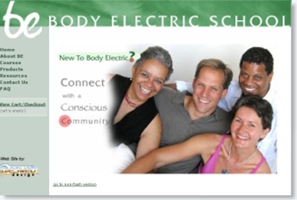 Body Electric School website homepage with smiling group photo and green sidebar navigation
