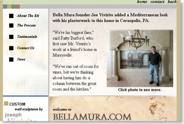 BellaMura website homepage with beige floral design, navigation menu, text, and antique bedroom photo