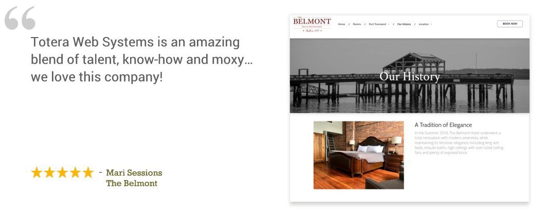 Website testimonial banner with quote, five stars, and a web design preview on the right