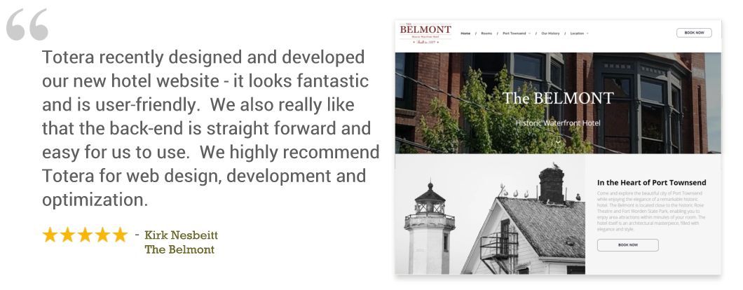 Website mockup showing a real estate homepage with testimonial text and a black-and-white house photo