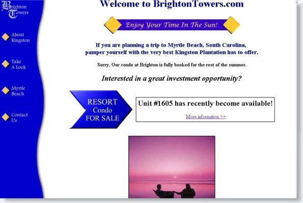 BrightonTowers.com resort condo sales webpage with blue sidebar and pink sunset photo
