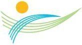 Abstract logo with a yellow sun and flowing blue and green swooshes on a white background