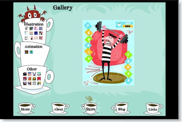 Gallery page with a colorful cartoon character holding a pink poster, plus mug-shaped navigation buttons.