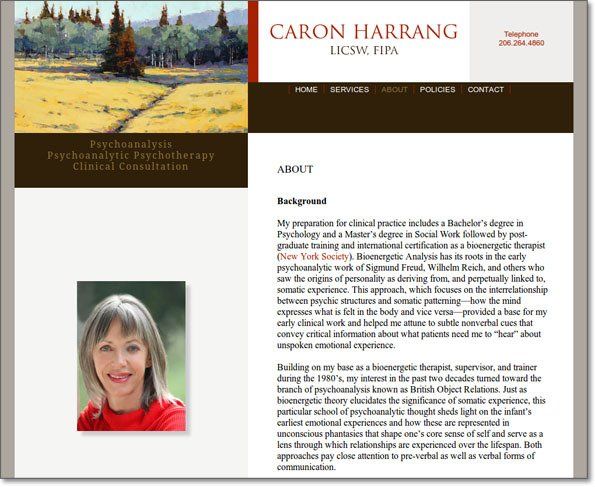 Website screenshot with landscape banner, “Caron Harrang” header, and an about page with portrait photo and text