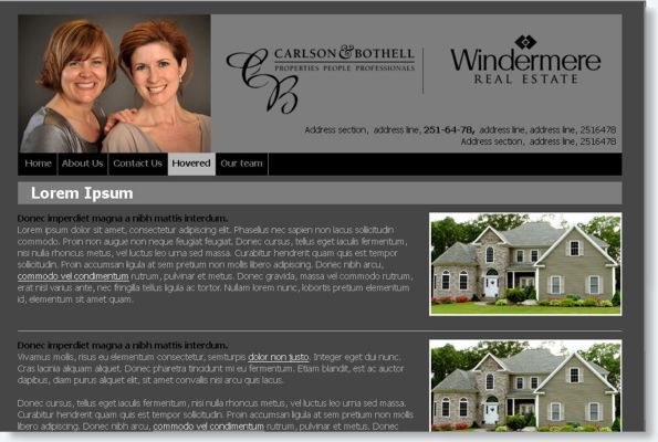 Real estate website homepage with two agents, Windermere logo, and house photos