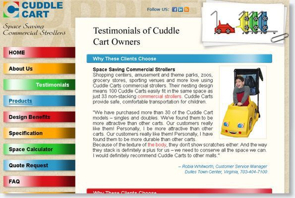 Cuddle Cart website testimonials page with left navigation and a child riding a yellow cart on the right