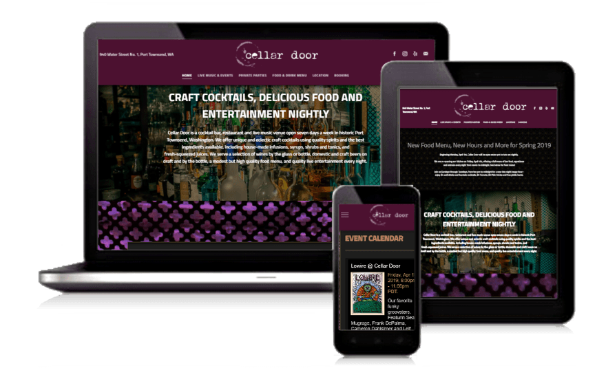 Laptop, tablet, and phone displaying a dark purple food website mockup.