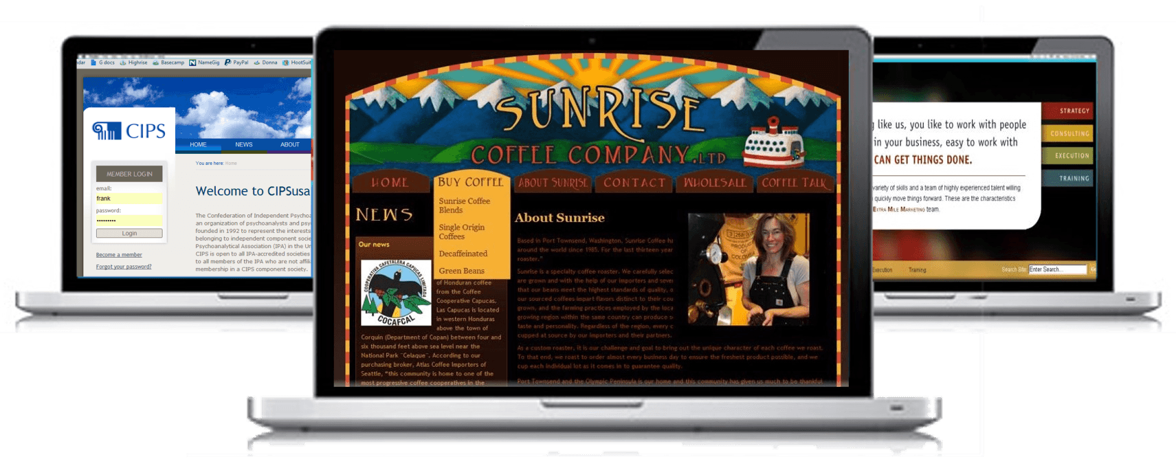Three laptops displaying different website pages, with a central screen showing a colorful site