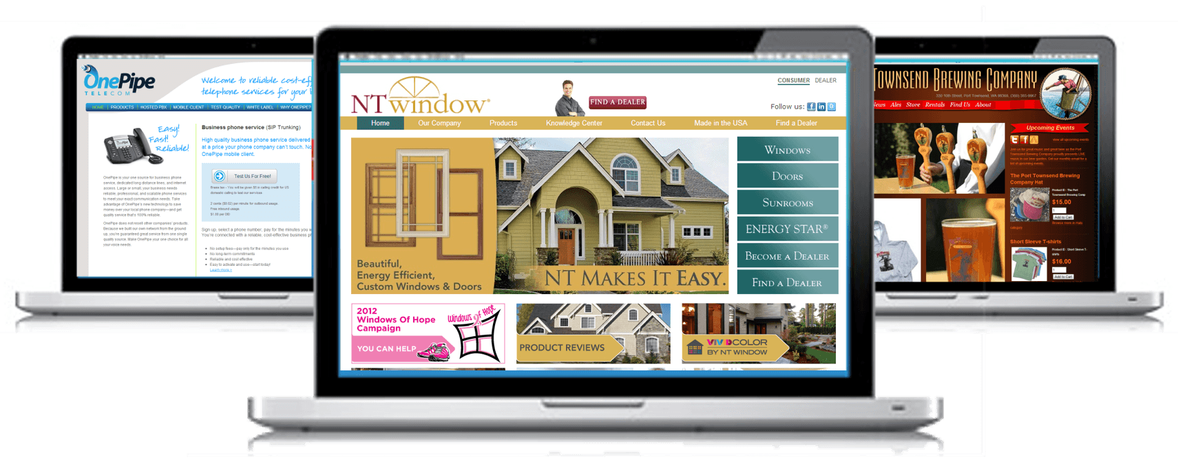 Three laptop screens showing different website designs, with a house website centered in front.