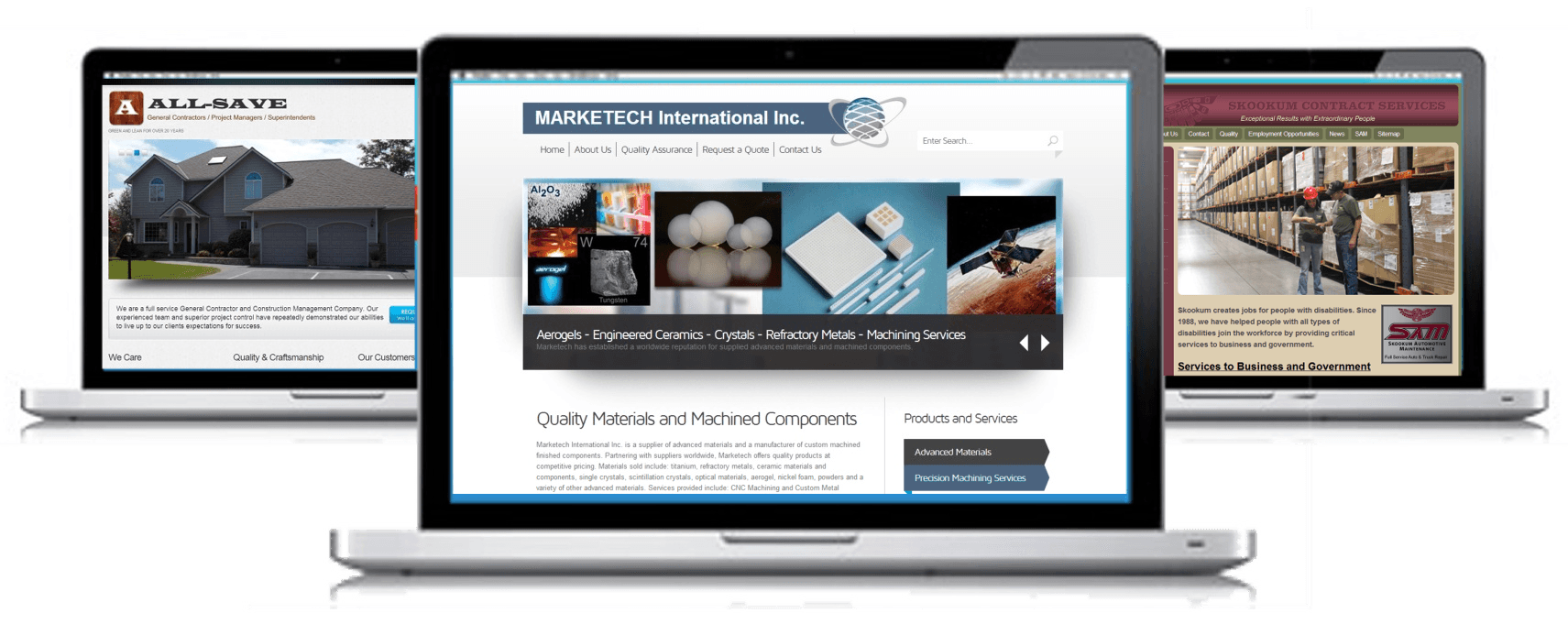Three laptops displaying a website homepage on a white background