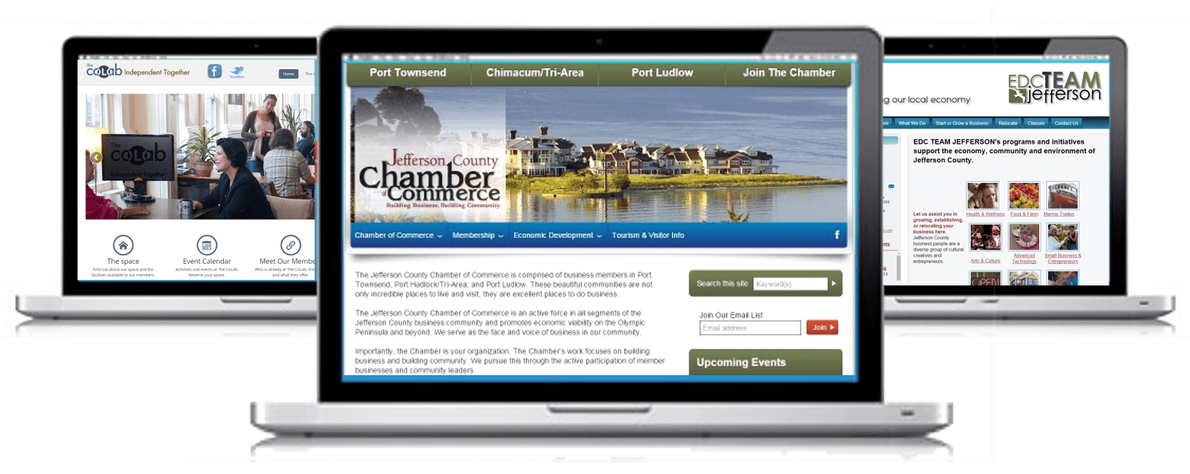 Three laptop screens showing a travel website homepage with city photos and booking options