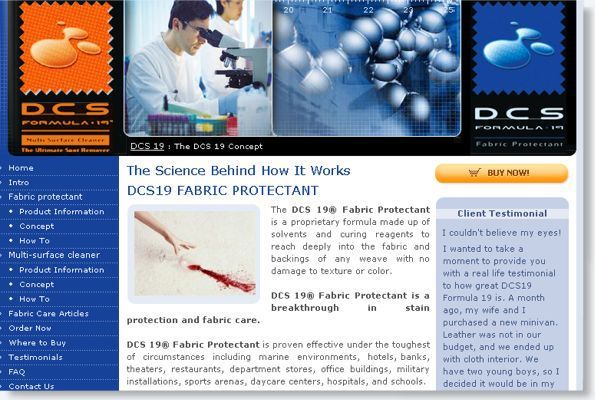 Corporate website page with blue-and-orange design, product photos, and a science article about fabric protection