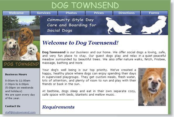 Dog Townsend website homepage with blue header, dog photos, and text about dog boarding and day care