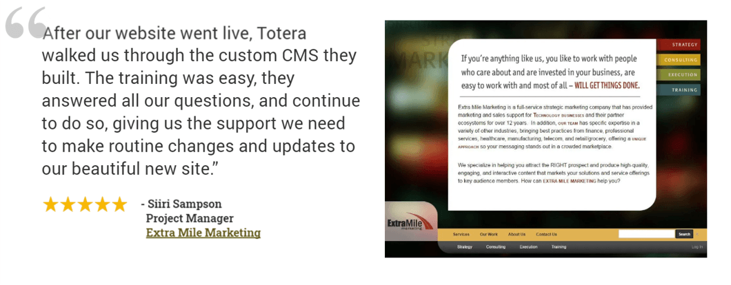 Customer testimonial with quote, five-star rating, and a website screenshot on a laptop screen