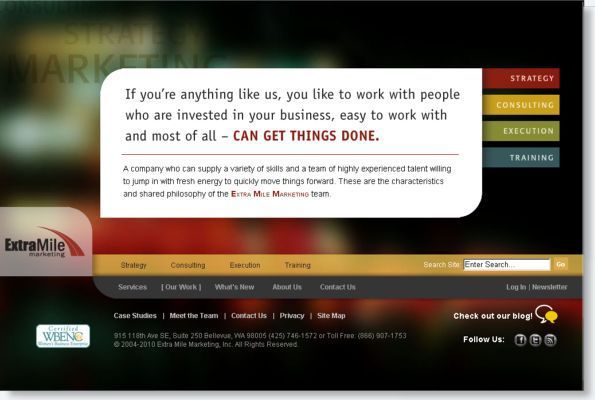 Website homepage with a white quote banner over a dark background and colorful navigation tabs