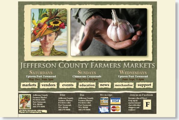 Jefferson County Farmers Markets poster with produce photos and listings for Saturdays, Sundays, and Wednesdays