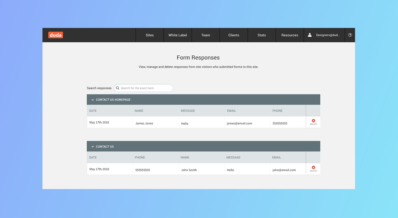 Web dashboard with dark top navigation and two gray data tables on a white page