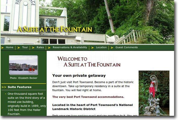 Website homepage for “A Suite at the Fountain” with forested resort photos and welcome text