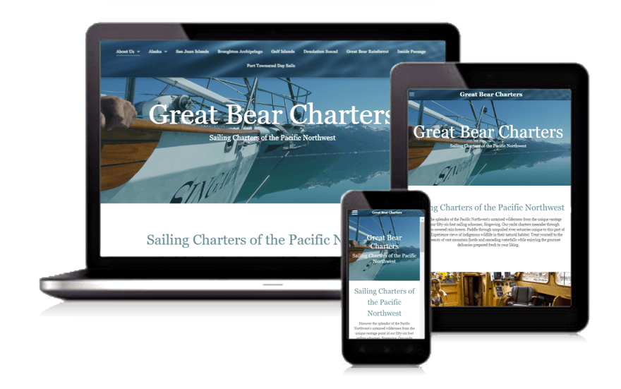Responsive Great Bear Charters website shown on laptop, tablet, and smartphone screens