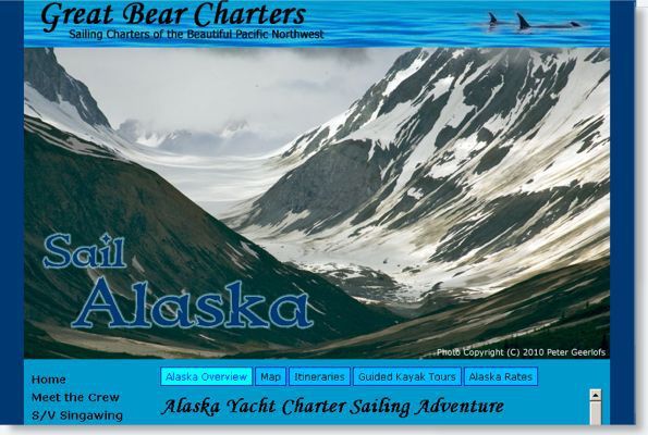 Great Bear Charters website showing a sailboat in snowy Alaska mountains and fjords