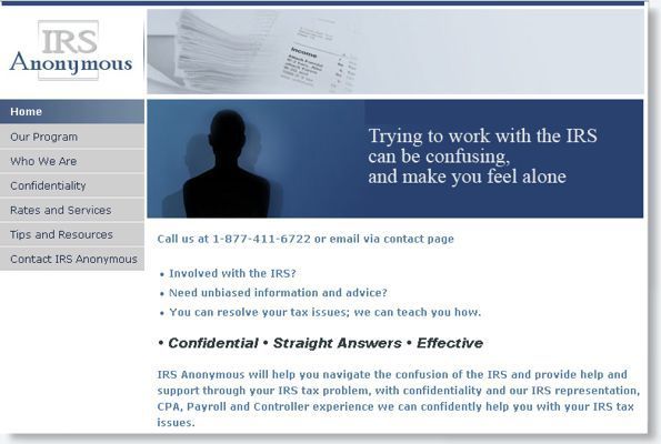 IRS Anonymous website homepage with blue banner, silhouette, and text about working with the IRS confidentially
