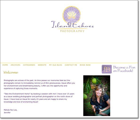 Webpage for Island Echoes Photography with welcome text and a portrait of a smiling woman outdoors