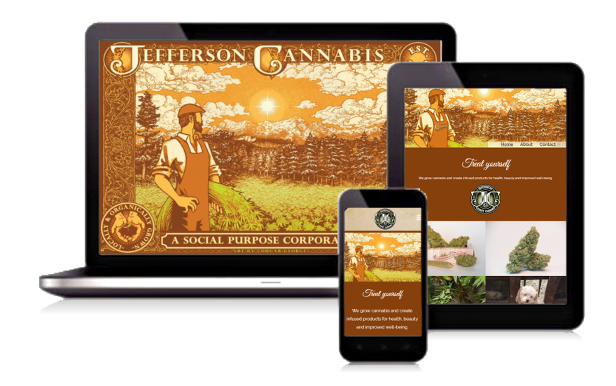 Cannabis brand website shown on laptop, tablet, and phone with orange-themed product packaging