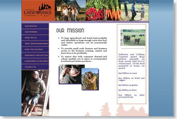 Website screenshot with blue header and sidebar, mission text, and farm photos of people and produce