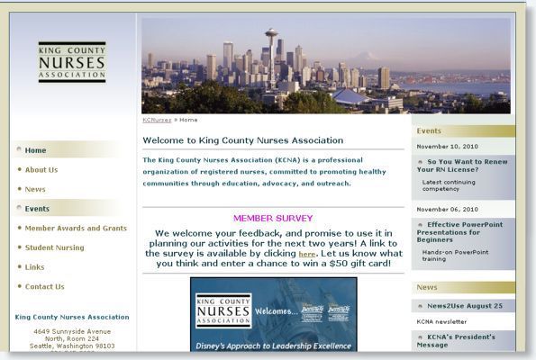 King County Nurses Association website homepage with city skyline banner and navigation menu