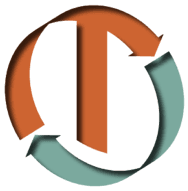 Abstract circular logo in orange, white, and teal with a stylized lowercase “i” in the center