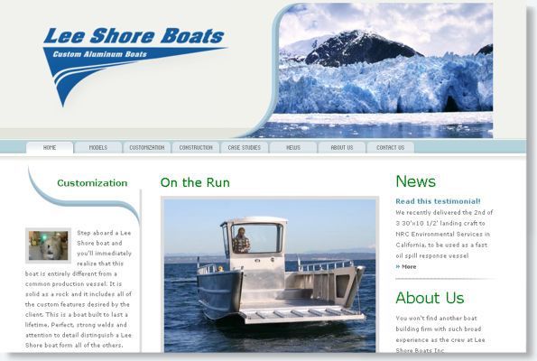 Lee Shore Boats website with a boat on blue water and snowy mountains in the header