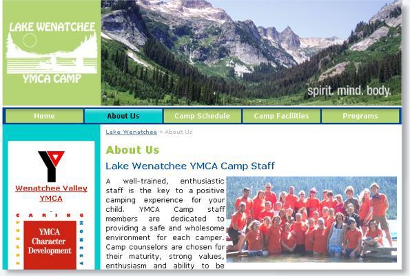 Lake Wenatchee YMCA Camp website homepage with mountain banner and group camp photo