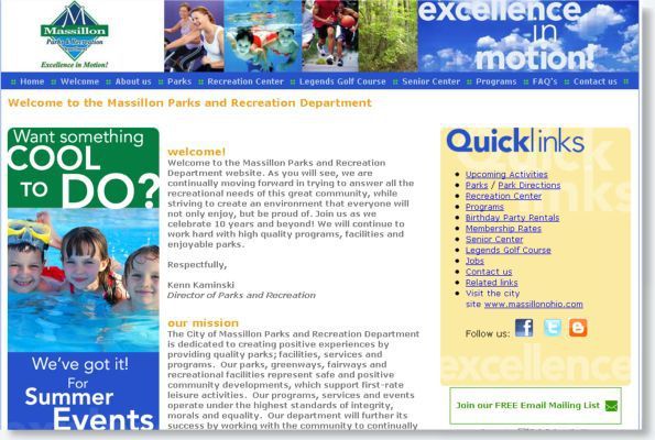 Website page for a recreation department, with blue “cool to do” summer events panels and a quick links sidebar