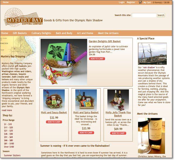E-commerce storefront with gift baskets and artisan products in a tan-and-orange webpage layout