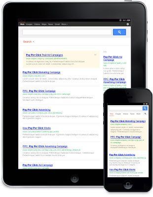 Black tablet and smartphone displaying Google search results on a white background
