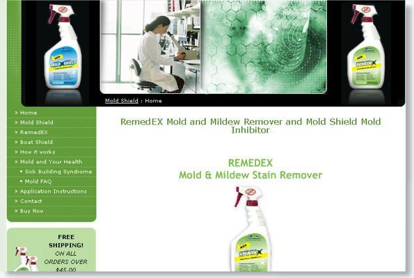 Bottles of mold stain remover with before-and-after mold cleaning demonstration and product claims