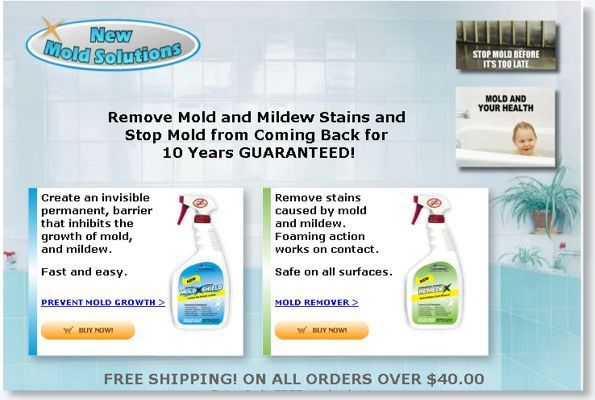 Blue ad for Mold Solutions mold remover spray, promising stain removal and mildew prevention for 10 years