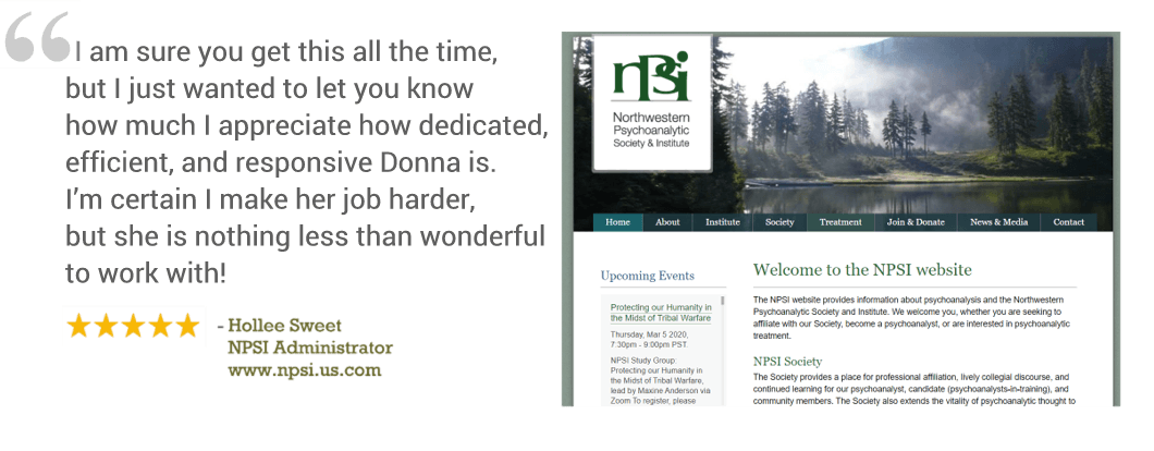 Testimonial beside a nonprofit website screenshot with a green logo and forest banner