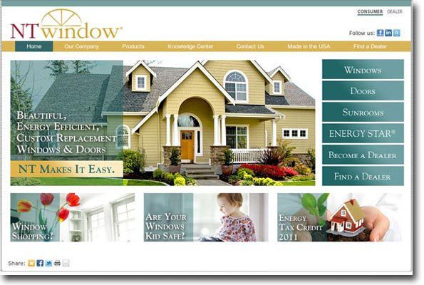 NT Window website homepage with house photo, teal navigation menu, and product/service banners