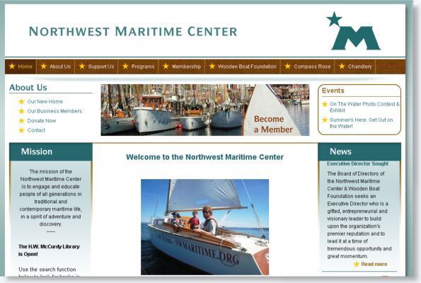 Northwest Maritime Center website homepage with boat photos, navigation menu, and news sections
