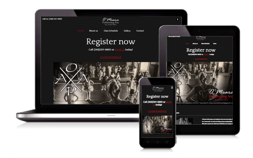 Responsive website mockup on laptop, tablet, and phone with “Register now” headline