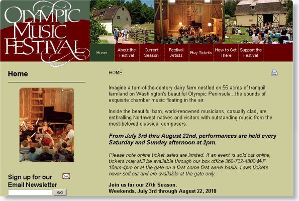 Olympic Music Festival website homepage with red header, event photo, and performance schedule text