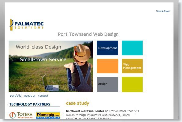 Palmatac Solutions website homepage with blue/orange blocks, beach photo, and “Port Townsend Web Design” headline