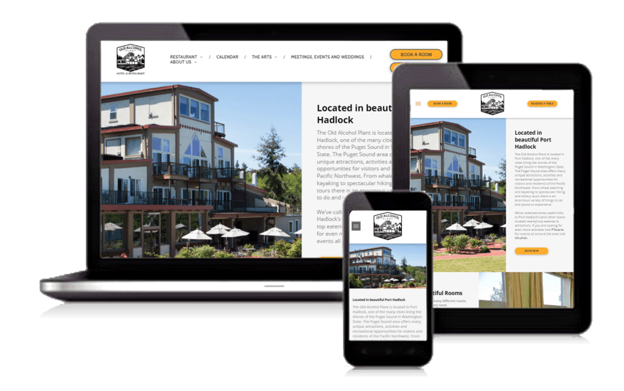 Responsive hotel website displayed on laptop, tablet, and smartphone with building and text layout
